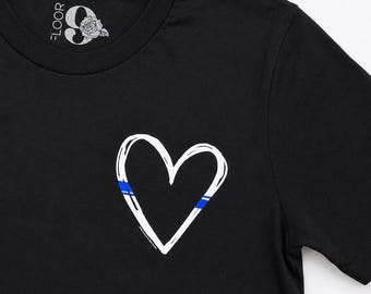 Screen printed blue line heart shirt, blue line shirt, police wife shirt. Back the blue shirt, police shirt, police officer gifts for women