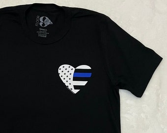Her BLUE line shirt, police wife shirt, screen print shirt, unisex. Blue line heart flag shirt, police shirt, police officer gifts for women