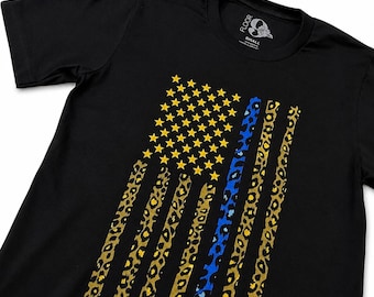 Unisex her BLUE line shirt or police wife shirt, sizes S-2XL. Blue line leopard flag tshirt, police shirt, police officer gifts for women