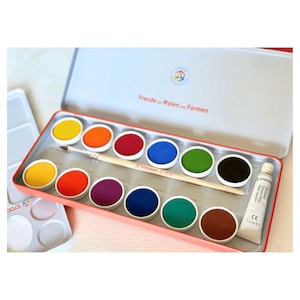 Stockmar Opaque Paint Set in Tin – 12 Colors + White, Replaceable Cakes & Brush – Made in Germany – Waldorf Art Supply for Kids