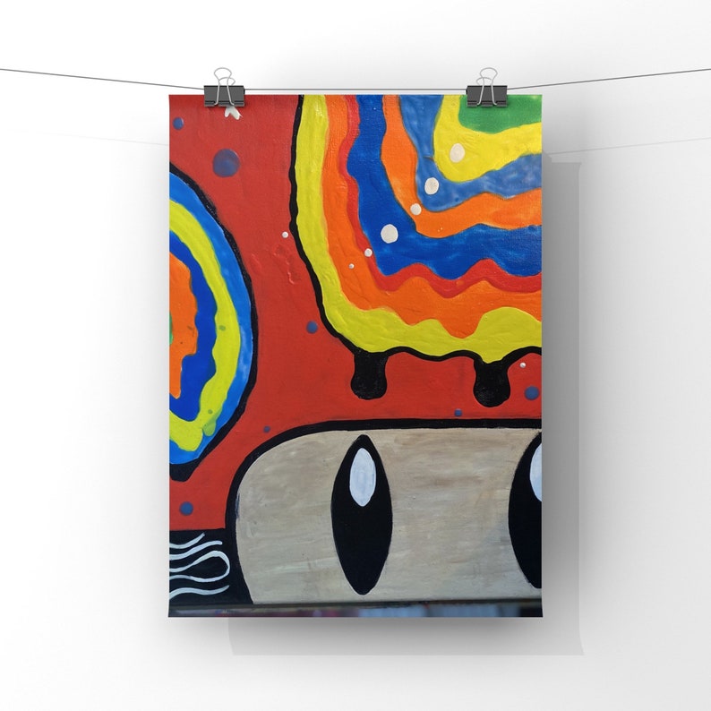 May include: A colorful abstract painting of a mushroom with a red cap and a white stem. The cap has a swirling pattern of yellow, orange, blue, and green. The stem has two black eyes.