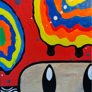 May include: Abstract painting of a mushroom with a red cap and a tan stem. The cap has a rainbow pattern with yellow, orange, red, blue, and green colors. The stem has two black eyes with white highlights.