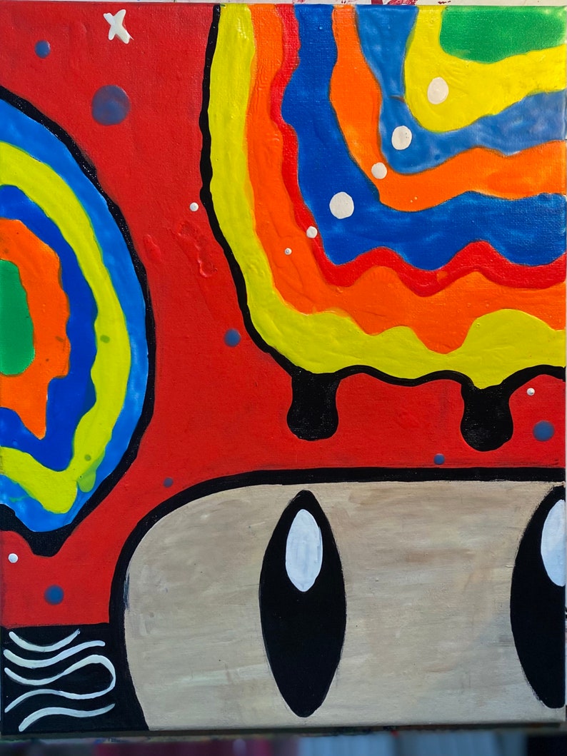 May include: Abstract painting of a mushroom with a red cap and a tan stem. The cap has a rainbow pattern with yellow, orange, red, blue, and green colors. The stem has two black eyes with white highlights.