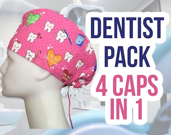 4 pcs Dentist Scrub Caps | Dental Caps, Dentist Gift, Dental Hygienist Cap, Dental Assistant Cap, Dental Hygienist Gift,SET OF 4