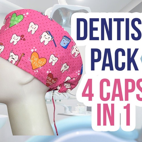 SET of 3 Dental Scrub Caps With Buttons Dental Hygienist Etsy