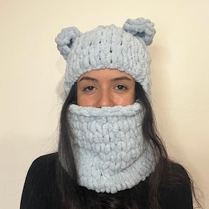 Knit Ice Blue Balaclava with Ears: Eco-Friendly Winter Ski Mask
