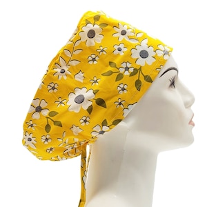 Yellow Floral Scrub Hat | Flower Scrub Caps, Women Scrub Caps, Surgical Cap Women, Nurse Scrub Hat, Surgical Scrub Hats with Buttons