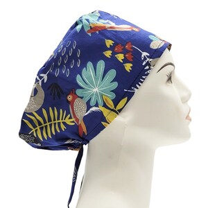 Blue Floral Scrub Hat | Tropical Scrub Caps, Women Scrub Caps, Nurse Scrub Hat, Surgical Scrub Hats with Buttons