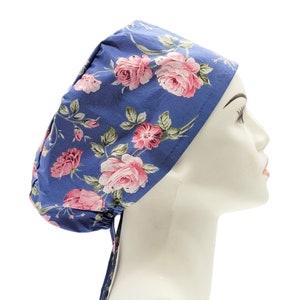 Blue Floral Scrub Hat | Flower Scrub Caps, Women Scrub Caps, Nurse Scrub Hat, Surgical Scrub Caps, Surgical Scrub Hats with Buttons