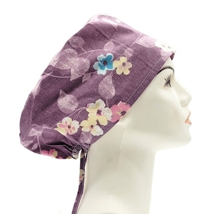 Purple Floral Scrub Hat | Purple Flower Scrub Caps, Women Scrub Caps, Nurse Scrub Hat, Surgical Scrub Hats with Buttons