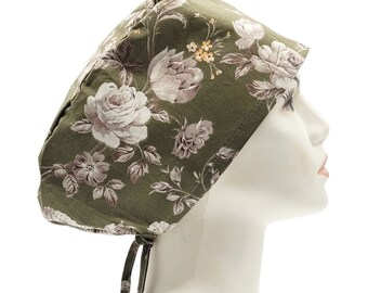 Khaki Floral Scrub Hat | Flower Scrub Caps, Women Scrub Caps, Nurse Scrub Hat, Surgical Scrub Caps, Floral Surgical Scrub Hats with Buttons