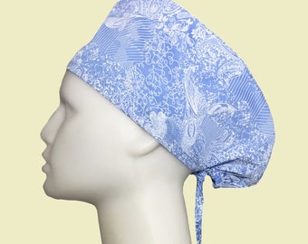 Bonnet bleu en coton à fleurs : bonnet de chirurgie avec boutons, bonnet de chimio