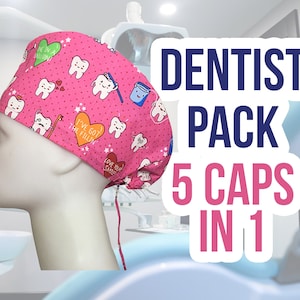 5 pcs Dentist Scrub Caps | Dental Scrub Hat with Buttons, Dental Surgical Cap, Dental Cap Women, Dental Hygienist Gift, Dental Assistant Hat