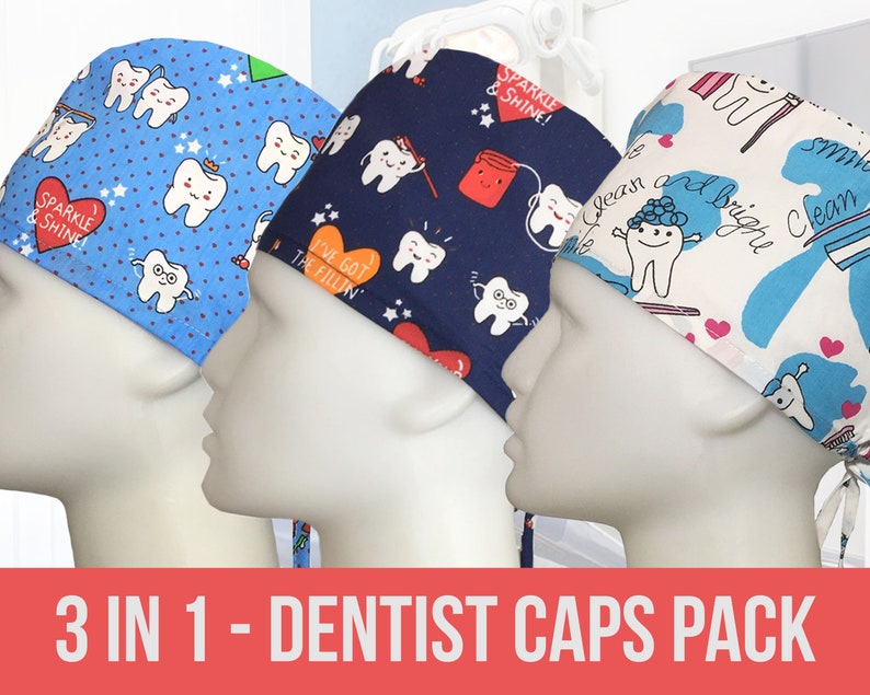 SET of 3 Dental Scrub Caps With Buttons Dental Hygienist Etsy