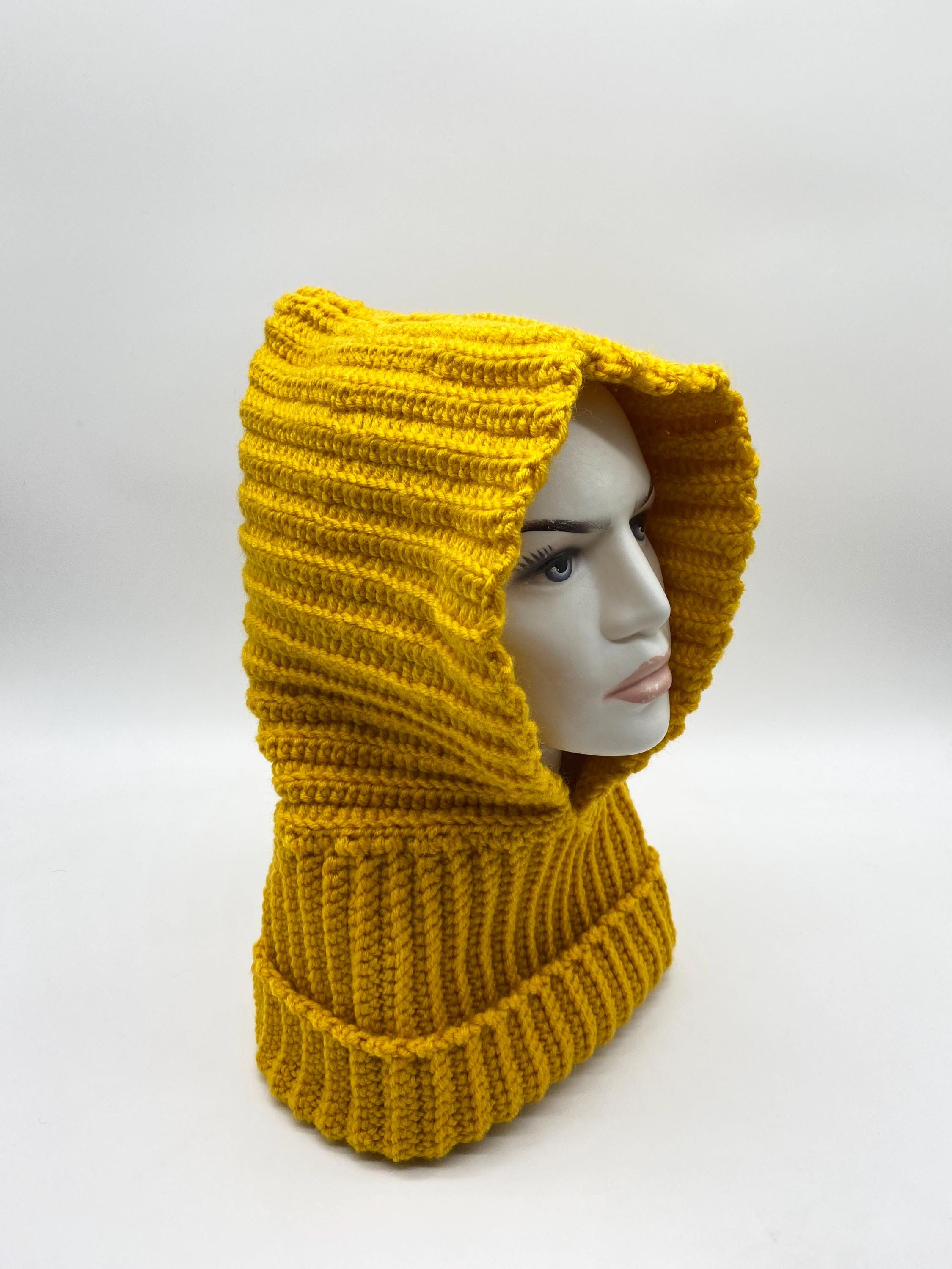 Yellow Hand Knit Hooded Scarf - Winter Neck Warmer, Unisex 