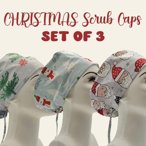 Christmas Scrub Caps SET OF 3 | Christmas Scrub Hat, Nurse Gift, Chemo Hat, Christmas Surgical Caps, Surgical Scrub Hats with Buttons