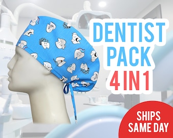 Dental Scrub Caps: 4-Piece Dentist/Hygienist Set with Buttons