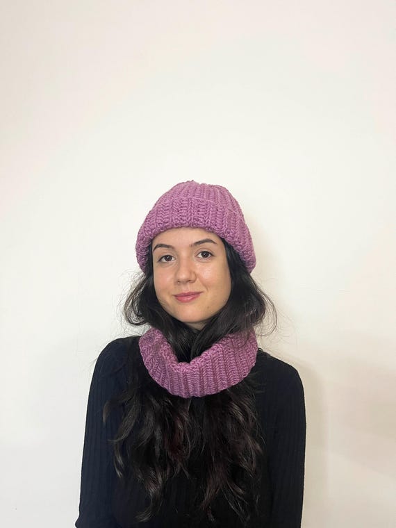 Handmade Purple Knit Beanie Hat Purple and white hearts hat, knit light purple beanie  main image 3