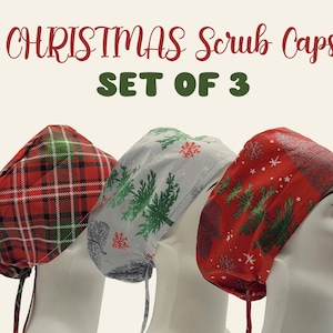 Christmas Scrub Caps SET OF 3 No2 | Christmas Scrub Hat, Nurse Gift, Chemo Hat, Christmas Surgical Caps, Surgical Scrub Hats with Buttons