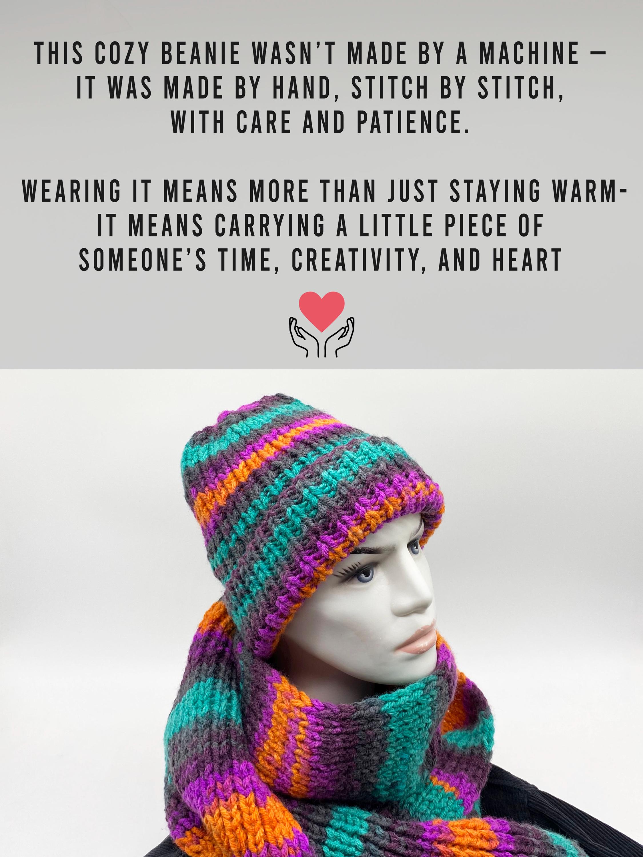 NEW Black Multicolor Yellow Green Purple Rainbow Chunky Knit Cozy Beanie Hat Multicolor Knitted Chunky Beanie and Scarf: Cozy Unisex  main image 4