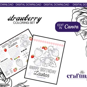 EDITABLE Strawberry Coloring Set | Personalized Coloring Pages | Party Activity Mat | Strawberry Coloring Pages | Strawberry Birthday Decor