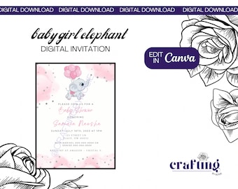 EDITABLE Elephant Digital Invitation | Personalized Babyshower Invite | Baby Elephant Invitation | Babyshower Invitation | Pink Elephant '