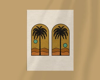 May include: A print featuring two arched windows with a desert landscape. Each window displays a black palm tree, a teal circle, and a brown and orange desert scene against a yellow background. The print has a vintage, retro aesthetic.