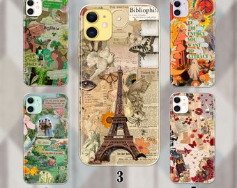 Collage Phone Case avec Frog Mushroom Green Aesthetic iphone 15 14 13 12 11 cas journal iPhone couverture Galaxy S22 S21 couverture