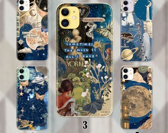 Funda iPhone 15 con collage estético Luna Celestial iphone 14 caso collage Astronomía Cubierta protectora del teléfono cubierta vintage para iPhone 15