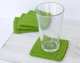 Green Cotton Coasters, The Wexford Coaster, 4 1/2" boho thick crochet coasters, beach decor, hot or cold drinks, square mug rugs, drink mats