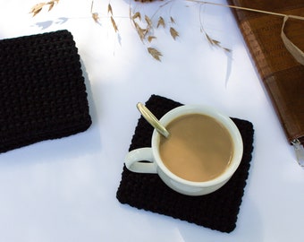 Black Cotton Coasters, The Wexford Coaster, 4 1/2" boho thick crochet coasters, beach decor, hot or cold drinks, drink mats, made to order