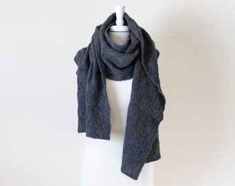 Grey Wool Chevron Scarf, The Wool Harrington, oversized pure wool scarf, unisex charcoal gray warm winter scarf or shawl, hand knit scarf