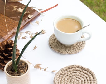 Round Crocheted Cotton Coasters, The Fishguard Coaster, Minimal Natural Beachy Mug Rugs, housewarming gift, round modern absorbent coaster