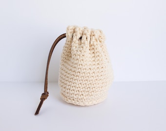 Cotton Mini Bucket Bag, The Mini Newport Bag, natural summer beachy drawstring purse, boho wristlet pouch with leather handle