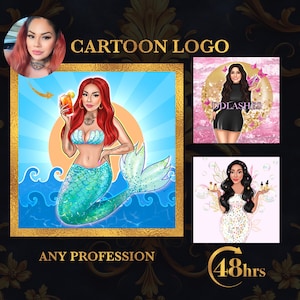 Logotipo de dibujos animados personalizado para artistas de pestañas, maestros de cejas, técnicos de uñas, maquilladores, estilistas, coloristas de cabello, esteticistas / Retrato de logotipo de belleza