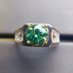 Moissanite Men's Ring, 2 Ct Green Moissanite Ring, Moissanite Silver Ring, Excellent Cut D Color Moissanite Ring, Green Moissanite Stone