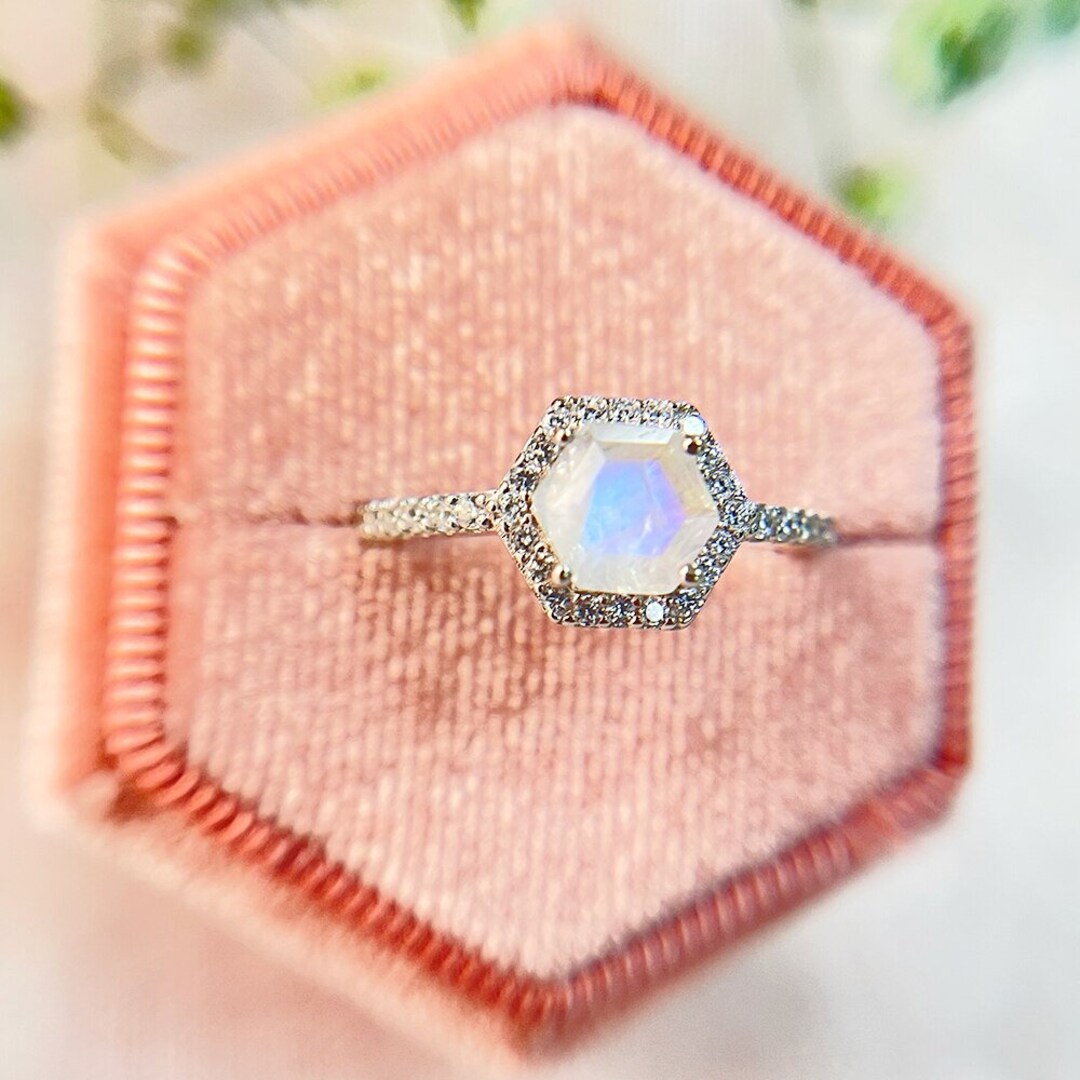 Fire Moonstone Ring, Moonstone Silver Ring, Hexagon Moonstone Ring, 925
