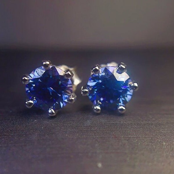 Blue Moissanite Studs, Moissanite Earrings, Total 1 Ct or 2 Ct Moissanite Studs, Vivid Dark Blue Moissanite Studs,Moissanite Jewelery