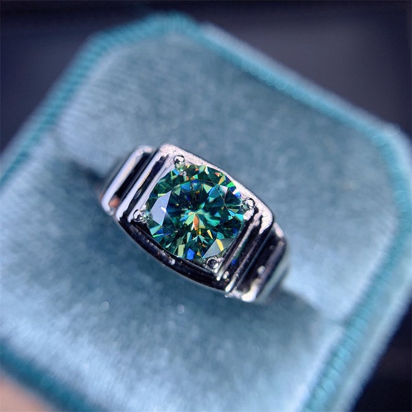Moissanite Men's Ring, 2 Ct Green Moissanite Ring, Moissanite Silver Ring, Excellent Cut D Color Moissanite Ring, Green Moissanite Stone