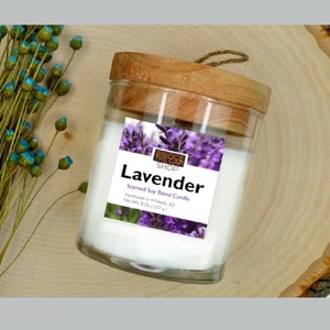 Vela de mezcla de soja y lavanda con tapa de cedro, perfumada, 9 oz, opción de velas de té, hecha a mano, recipiente de vidrio, ingredientes de origen local, floral