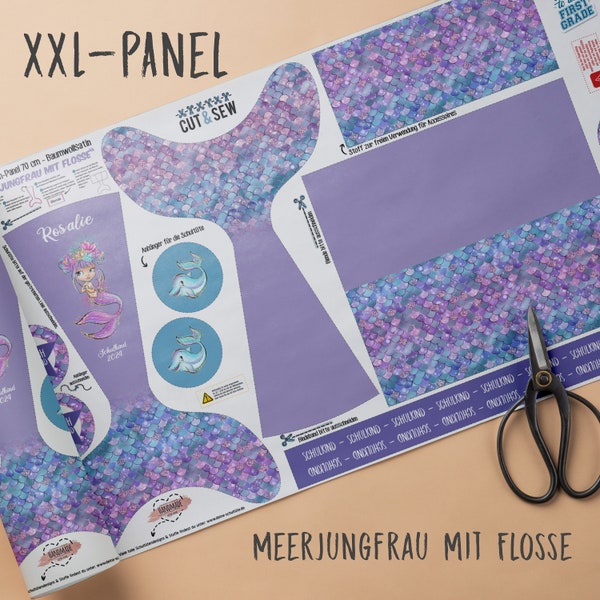 A001 Schultüte/Zuckertüte: Meerjungfrau mit Flosse - Baumwoll-Panel zum selber nähen - DIY Näh-Set 70 cm - mit Namen & Schulkind 2024