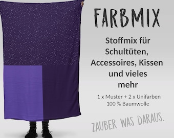 Könnte beinhalten: Ein lila Stoff mit weißen Punkten, ein einfarbiger lila Stoff und der Text "FARBMIX Stoffmix für Schultüten, Accessoires, Kissen und vieles mehr 1 x Muster + 2 x Unifarben 100% Baumwolle ZAUBER WAS DARAUS."