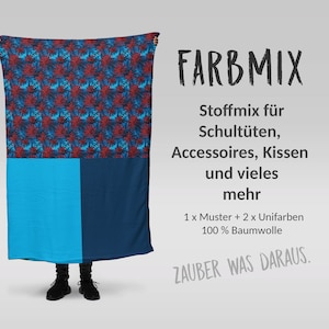 Könnte beinhalten: Ein blauer und roter gemusterter Stoff mit einem einfarbigen blauen und türkisfarbenen Stoffpanel. Der Text "FARBMIX" ist in schwarzer Schrift. Der Text "Stoffmix für Schultüten, Accessoires, Kissen und vieles mehr" ist in schwarzer Schrift. Der Text "1 x Muster + 2 x Unifarben 100% Baumwolle" ist in schwarzer Schrift. Der Text "ZAUBER WAS DARAUS." ist in grauer Schrift.