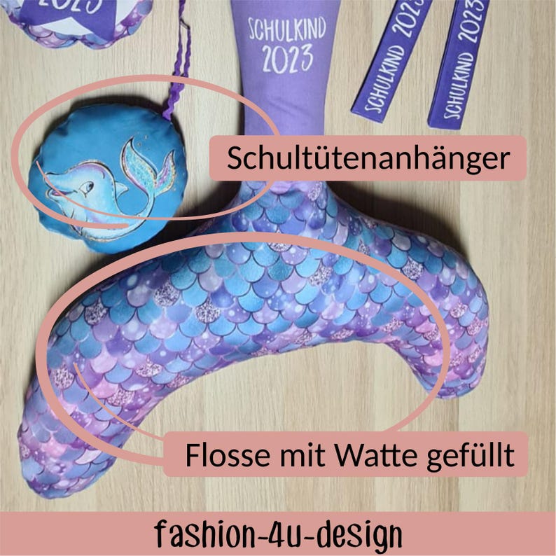 A002 School cone: Mermaid with fin - Cotton panel for sewing yourself - DIY sewing kit 70 cm - with name & schoolchild 2026 image 3
