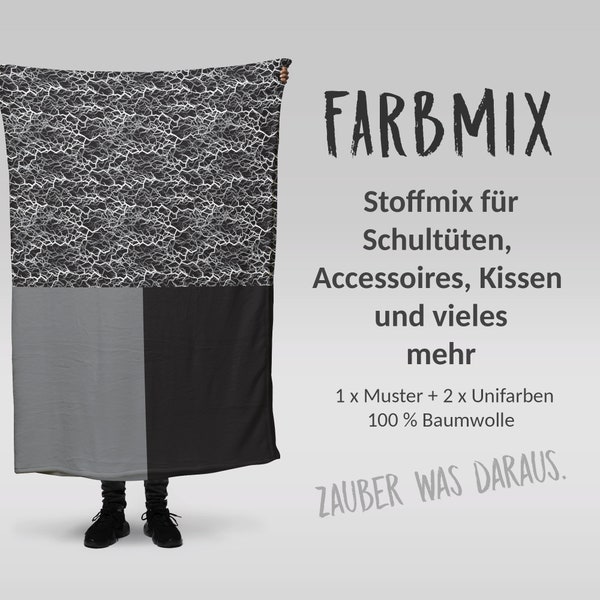 Stoffmix PANEL: Blitze schwarz-weiss (97 cm x 150 cm) - perfekt für Schultüten & Accessoires zur Einschulung | Blitz, Gewitter, Lightnings