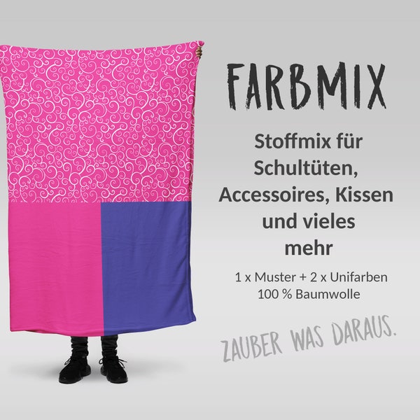 Stoffmix PANEL: Curly Pink (97 cm x 150 cm) - perfekt für Schultüten & Accessoires zur Einschulung | Wirbel, Schnörkel, Kringel, Ornament