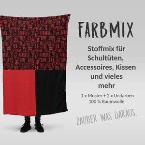 Könnte beinhalten: Ein roter und schwarzer Stoff mit geometrischem Muster. Der Stoff ist 100% Baumwolle und kann für die Herstellung von Schultüten, Accessoires, Kissen und vielem mehr verwendet werden. Der Text auf dem Bild lautet "FARBMIX Stoffmix für Schultüten, Accessoires, Kissen und vieles mehr 1 x Muster + 2 x Unifarben 100% Baumwolle ZAUBER WAS DARAUS."