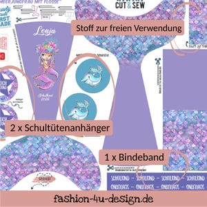 A002 School cone: Mermaid with fin - Cotton panel for sewing yourself - DIY sewing kit 70 cm - with name & schoolchild 2026 image 4