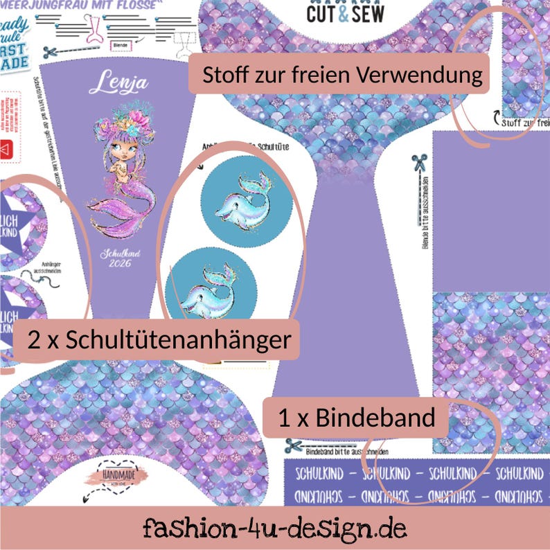 A002 School cone: Mermaid with fin - Cotton panel for sewing yourself - DIY sewing kit 70 cm - with name & schoolchild 2026 image 4