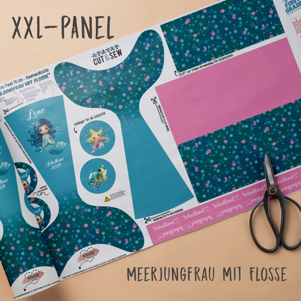 A005 Schultüte/Zuckertüte: Meerjungfrau mit Flosse - Baumwoll-Panel zum selber nähen - DIY Näh-Set 70 cm - mit Namen & Schulkind 2024